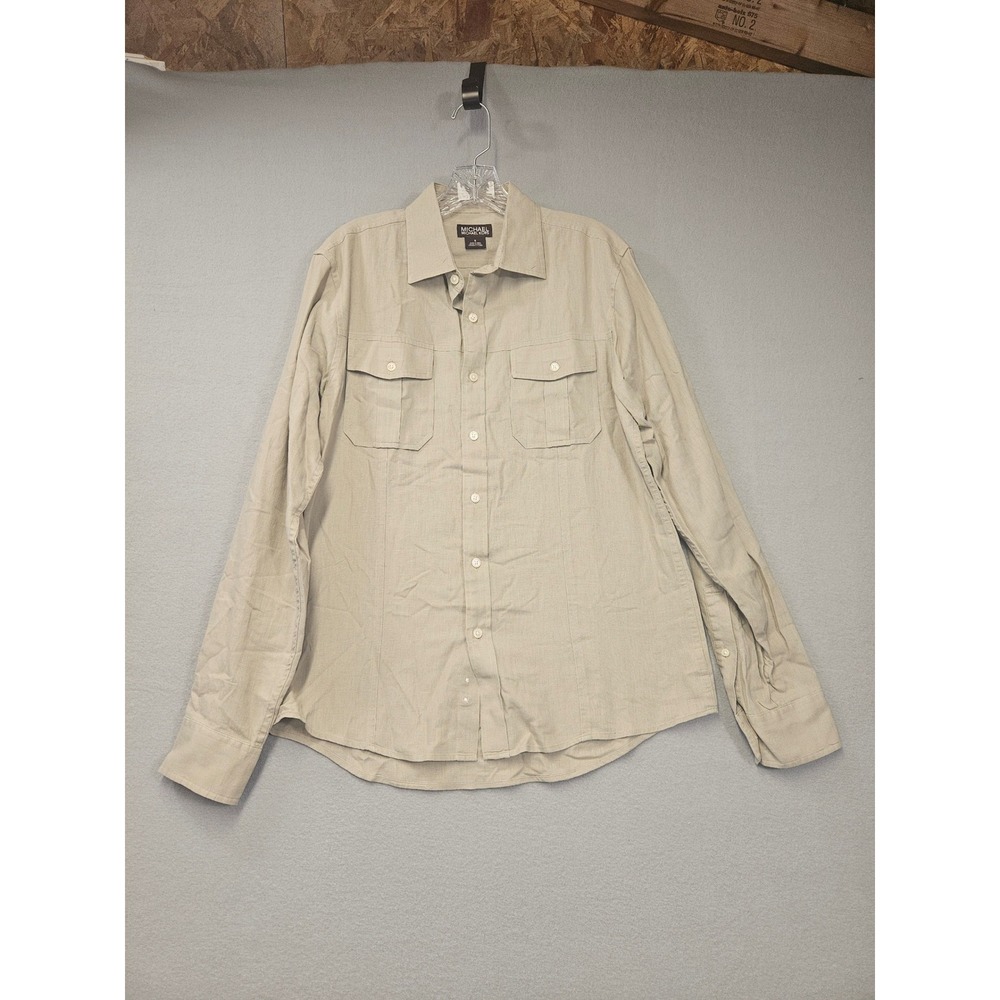 Michael Michael Kors Womens Tan Linen Blend Roll Tab Utility Shirt Small